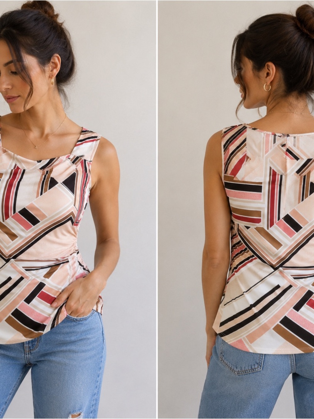 White House Black Market Geometric Sleeveless Blouse – Elegant Multicolor Top